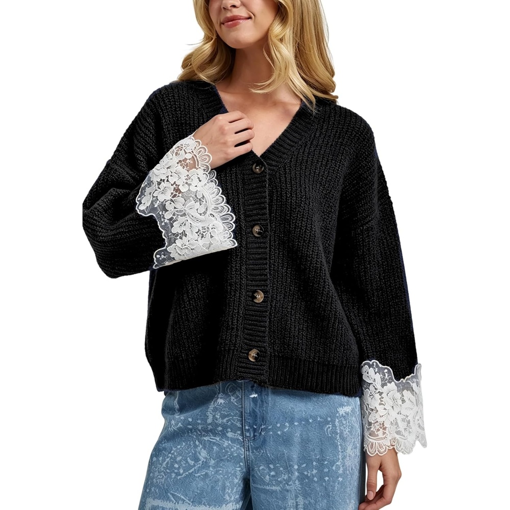 image:imageSpringrain Womens Fall V Neck Sweater Cardigan Lace SleeveBlack