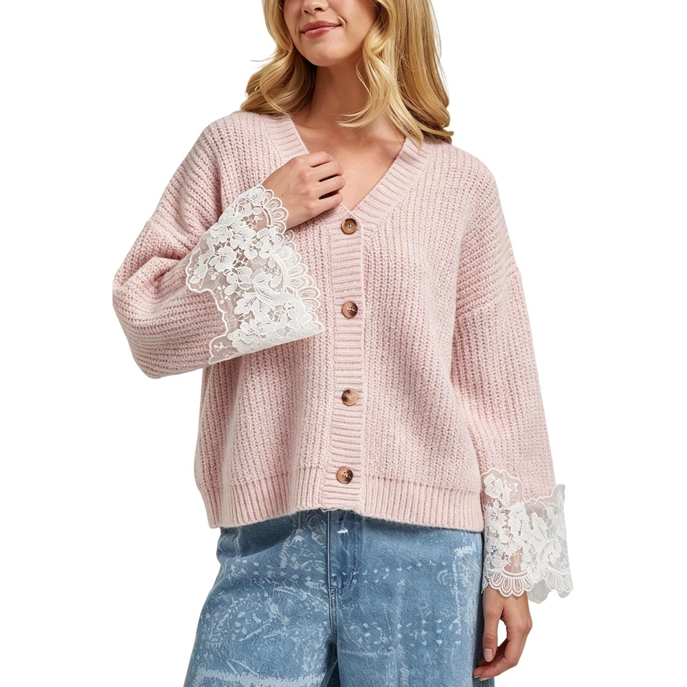 image:imageSpringrain Womens Fall V Neck Sweater Cardigan Lace SleevePink