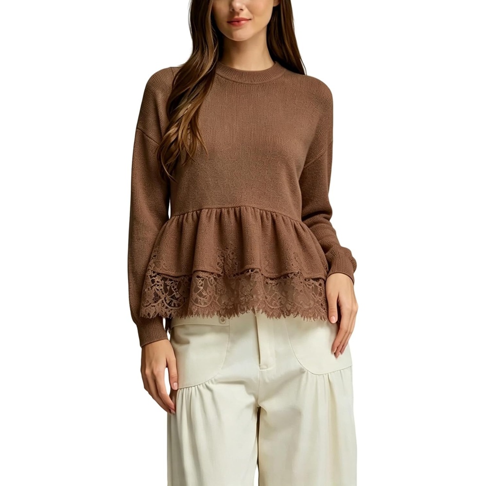image:imageSpringrain Womens Lace Peplum Crewneck Knit Top Fall SweatersBrown