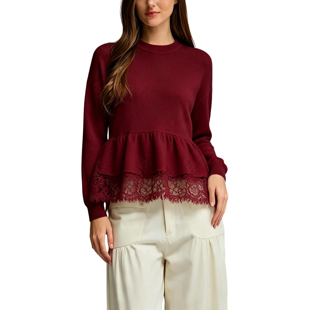image:imageSpringrain Womens Lace Peplum Crewneck Knit Top Fall SweatersWine