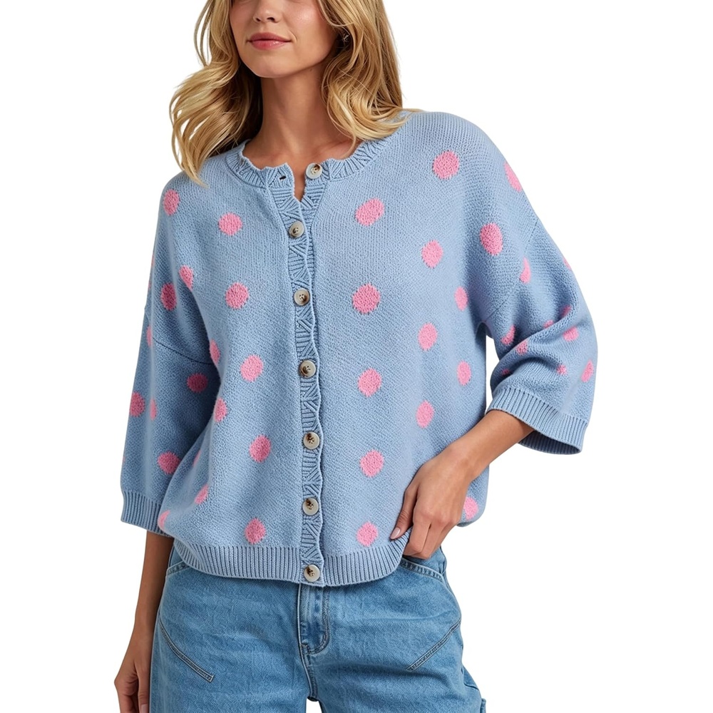 image:imageSpringrain Womens Polka Dot Cardigan Sweater Button Knit TopBlue