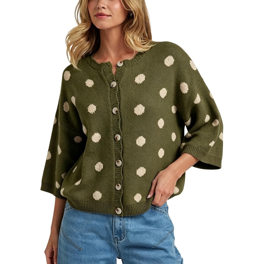 image:imageSpringrain Womens Polka Dot Cardigan Sweater Button Knit TopGreen