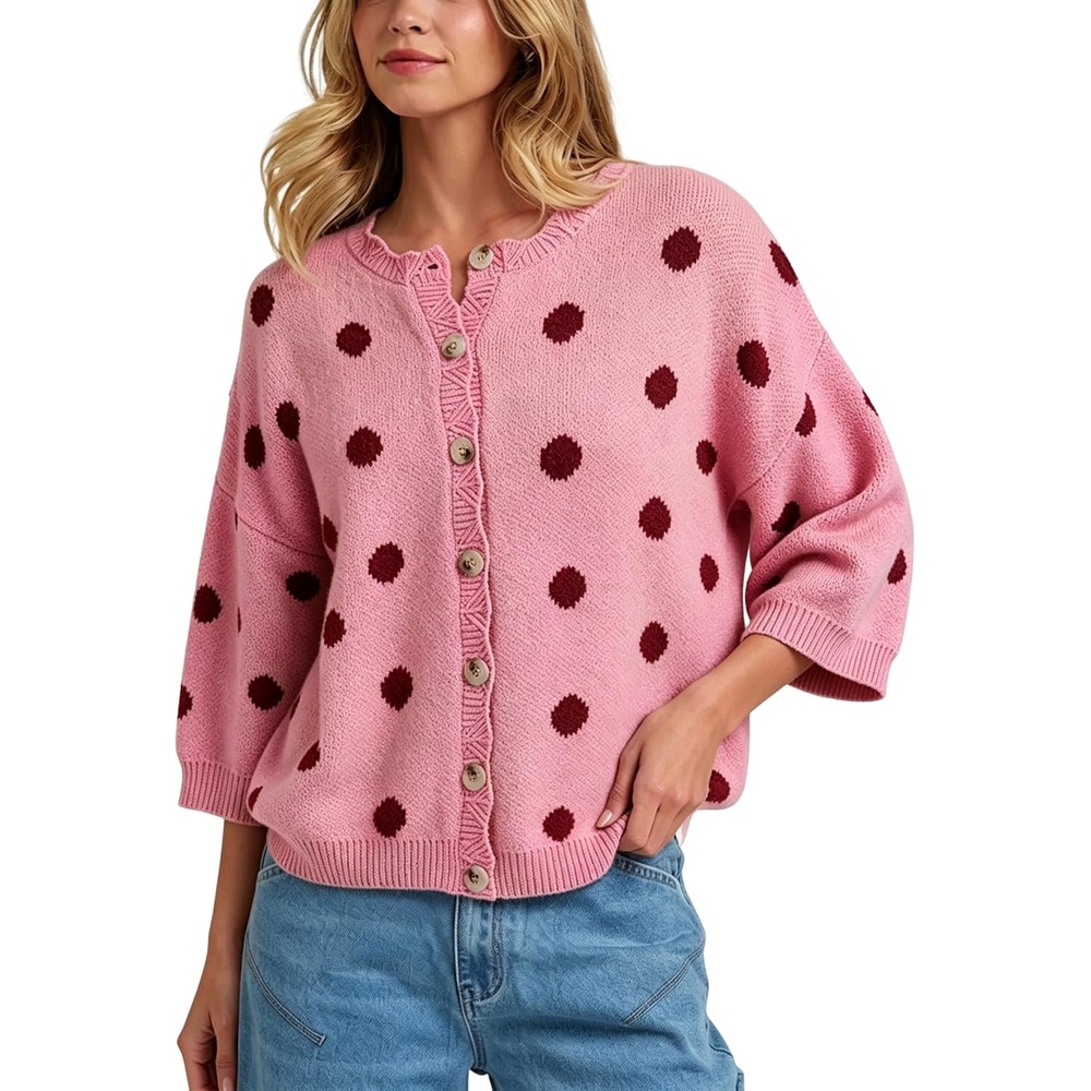 image:imageSpringrain Womens Polka Dot Cardigan Sweater Button Knit TopPink