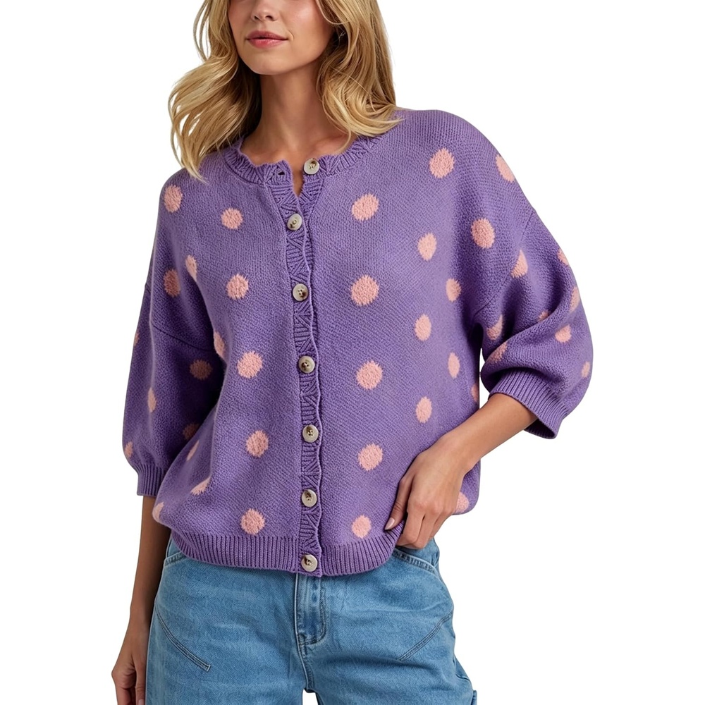 image:imageSpringrain Womens Polka Dot Cardigan Sweater Button Knit TopPurple
