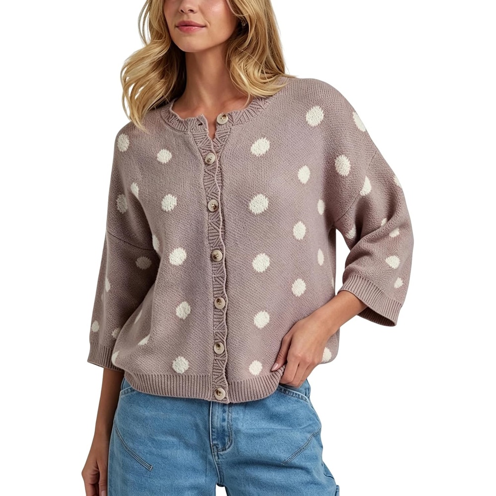 image:imageSpringrain Womens Polka Dot Cardigan Sweater Button Knit TopTaupe