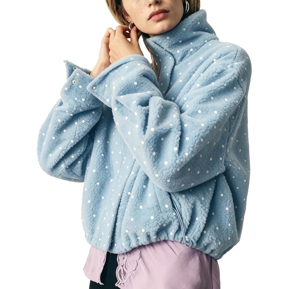 image:imageSpringrain Womens Polka Dot Fleece Crop Jacket Winter CoatBlue