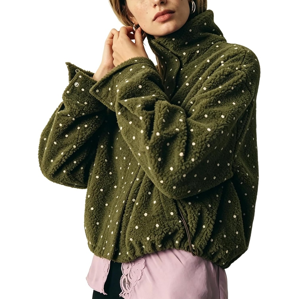 image:imageSpringrain Womens Polka Dot Fleece Crop Jacket Winter CoatGreen