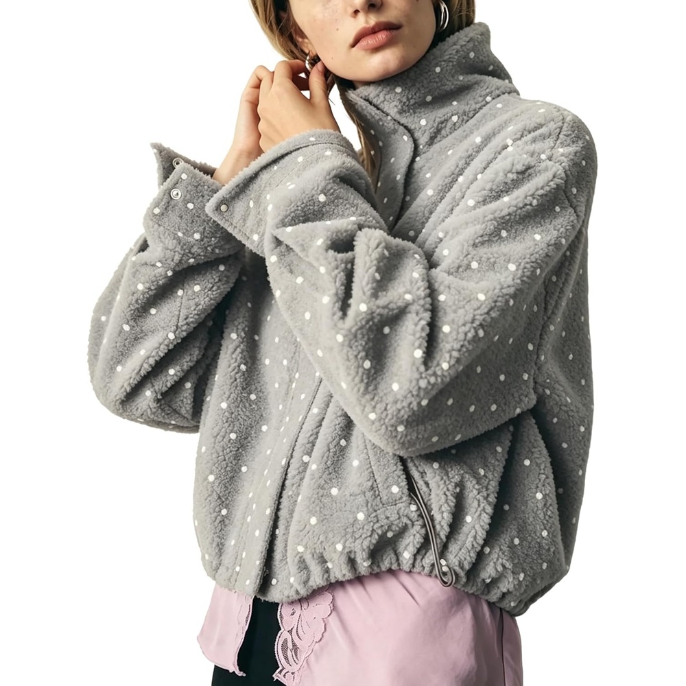 image:imageSpringrain Womens Polka Dot Fleece Crop Jacket Winter CoatGrey