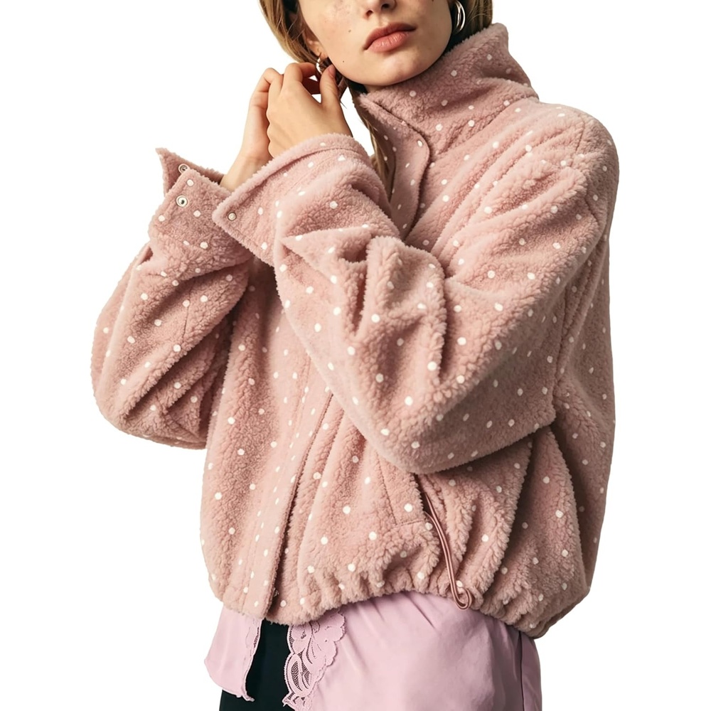 image:imageSpringrain Womens Polka Dot Fleece Crop Jacket Winter CoatPink