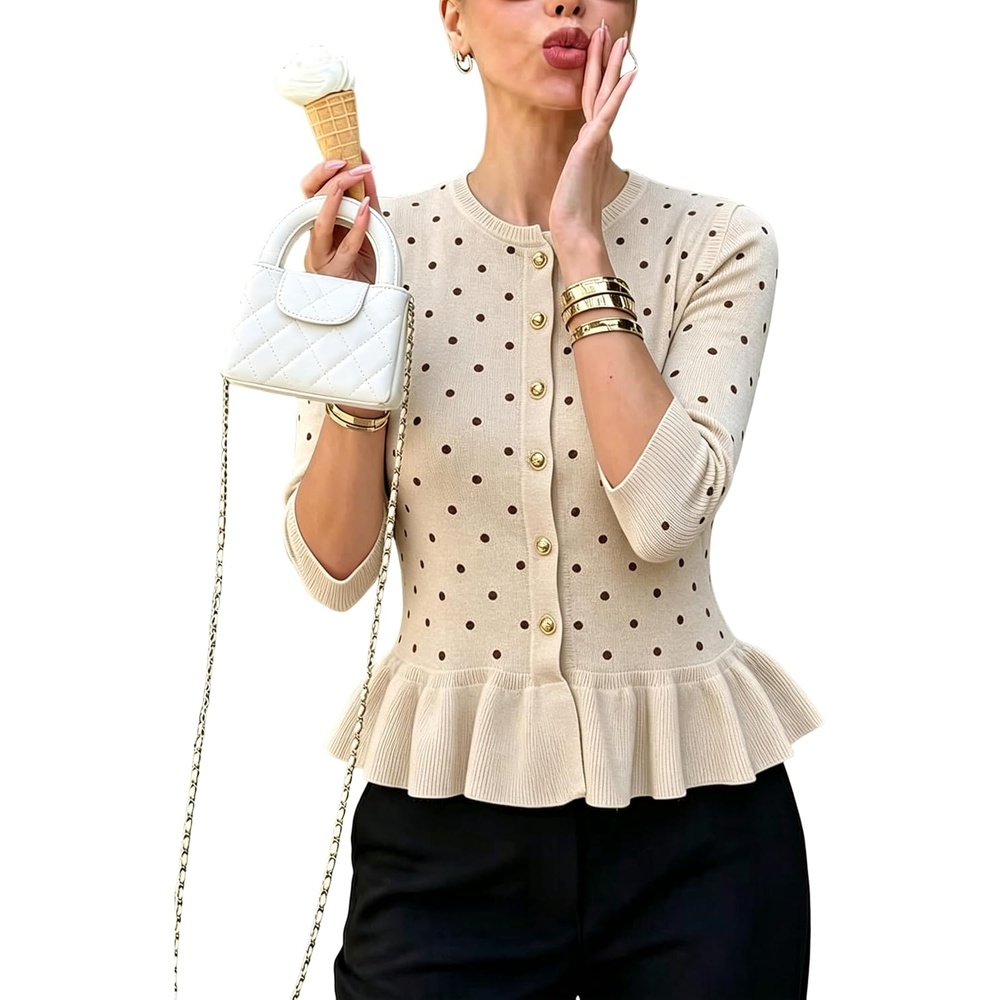 image:imageSpringrain Womens Polka Dot Knit Cardigan 34 Sleeve SweaterKhaki