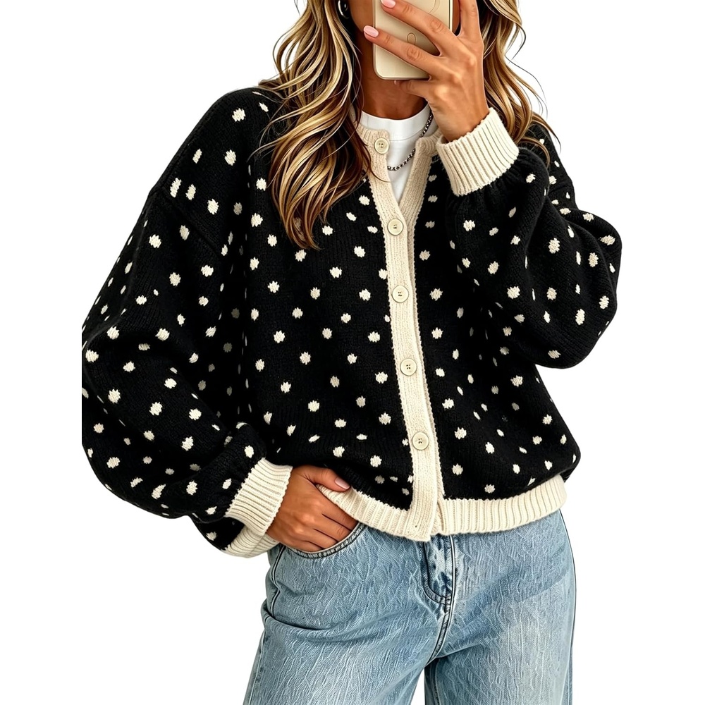 image:imageSpringrain Womens Polka Dot Knit Cardigan Button Front SweaterBlack
