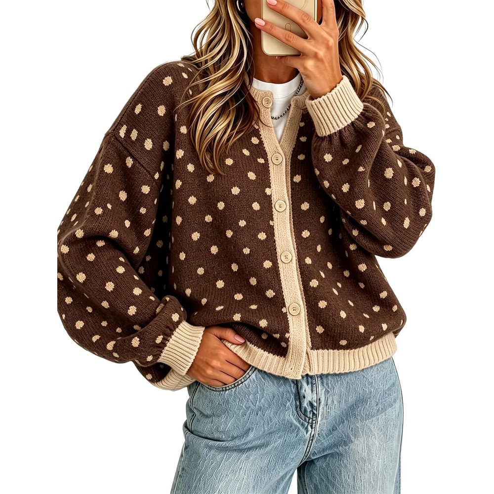 image:imageSpringrain Womens Polka Dot Knit Cardigan Button Front SweaterBrown