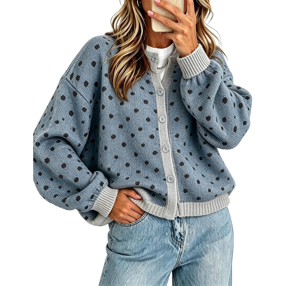 image:imageSpringrain Womens Polka Dot Knit Cardigan Button Front SweaterDustyblue