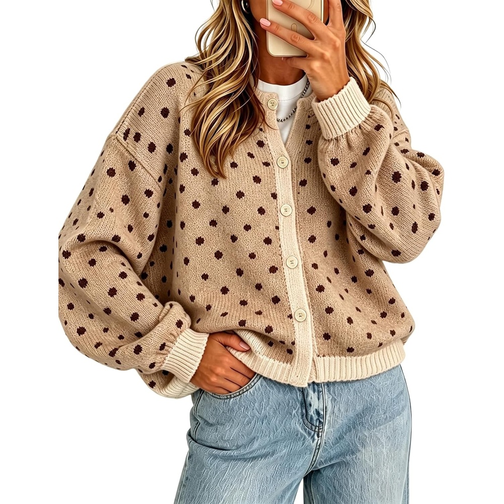 image:imageSpringrain Womens Polka Dot Knit Cardigan Button Front SweaterKhaki