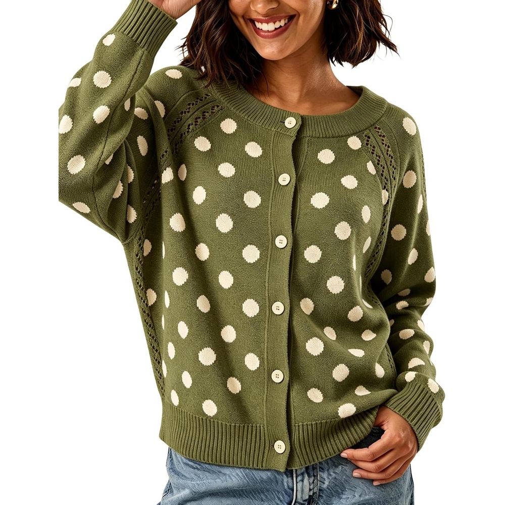 image:imageSpringrain Womens Polka Dot Knit Cardigan Long Sleeve SweaterArmygreen