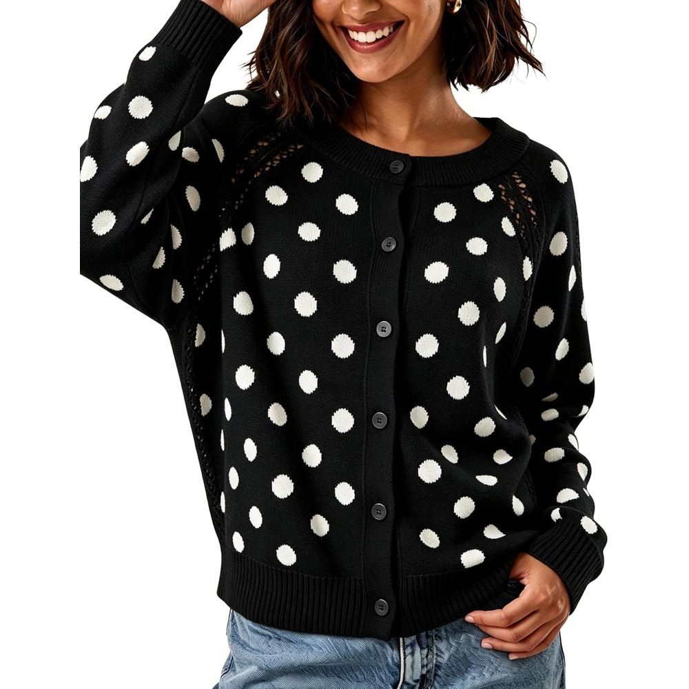 image:imageSpringrain Womens Polka Dot Knit Cardigan Long Sleeve SweaterBlack
