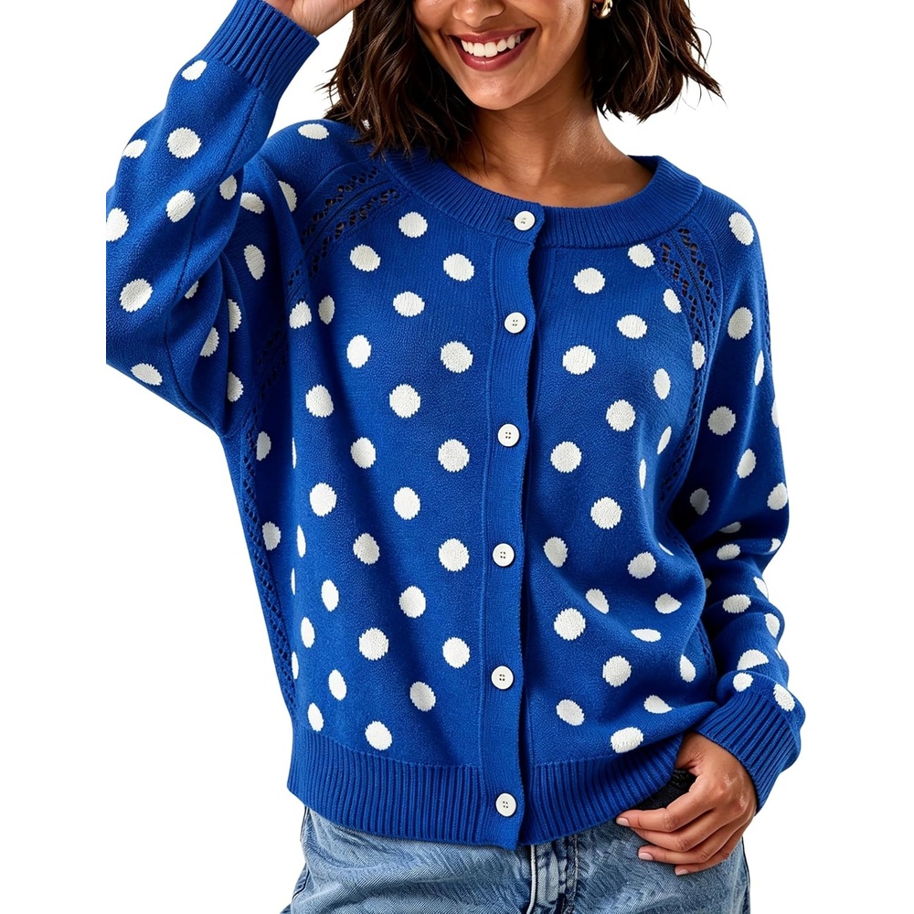 image:imageSpringrain Womens Polka Dot Knit Cardigan Long Sleeve SweaterBlue