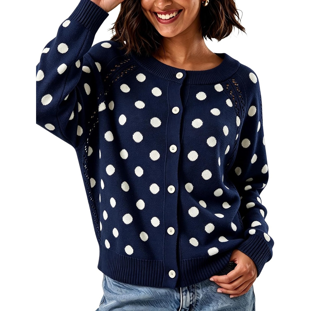 image:imageSpringrain Womens Polka Dot Knit Cardigan Long Sleeve SweaterNavy