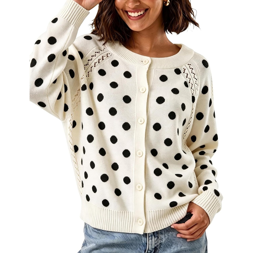 image:imageSpringrain Womens Polka Dot Knit Cardigan Long Sleeve SweaterWhite