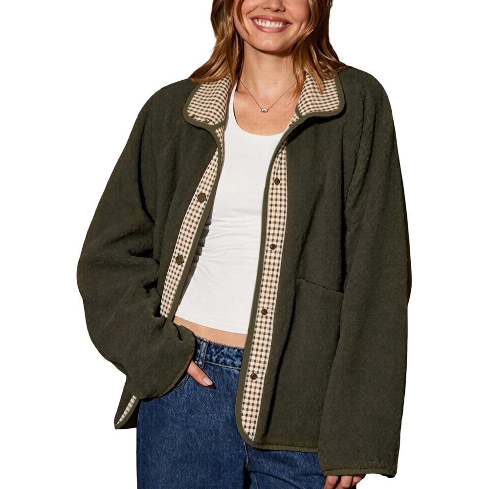 image:imageSpringrain Womens Sherpa Fleece Jacket Gingham Casual CoatArmygreen