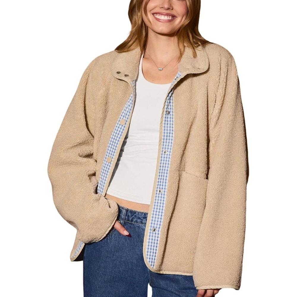 image:imageSpringrain Womens Sherpa Fleece Jacket Gingham Casual CoatKhaki