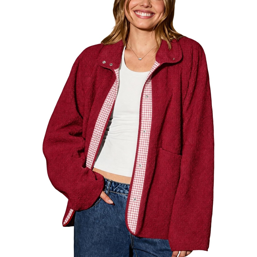 image:imageSpringrain Womens Sherpa Fleece Jacket Gingham Casual CoatRed