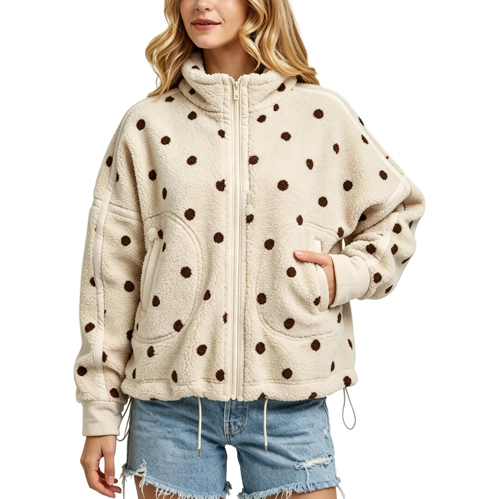 image:imageSpringrain Womens Sherpa Fleece Jacket Polka Dot Zip Up CoatBeige