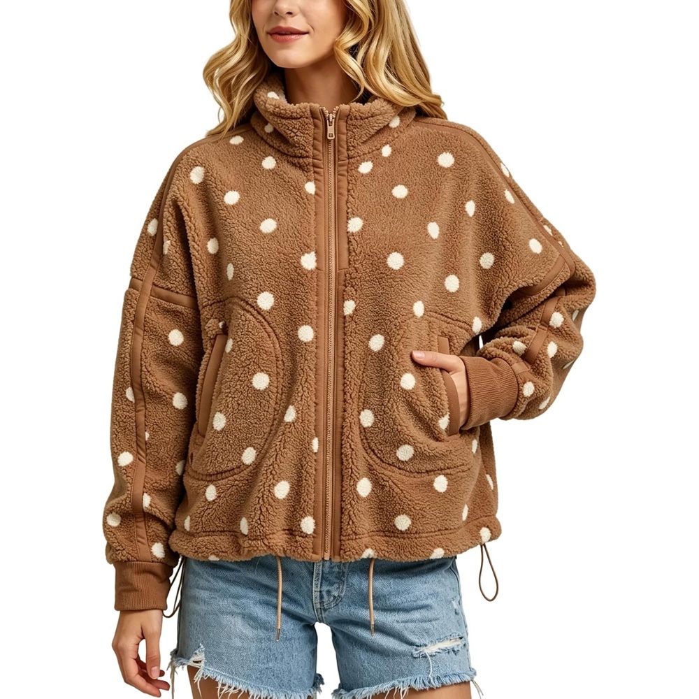 image:imageSpringrain Womens Sherpa Fleece Jacket Polka Dot Zip Up CoatBrown