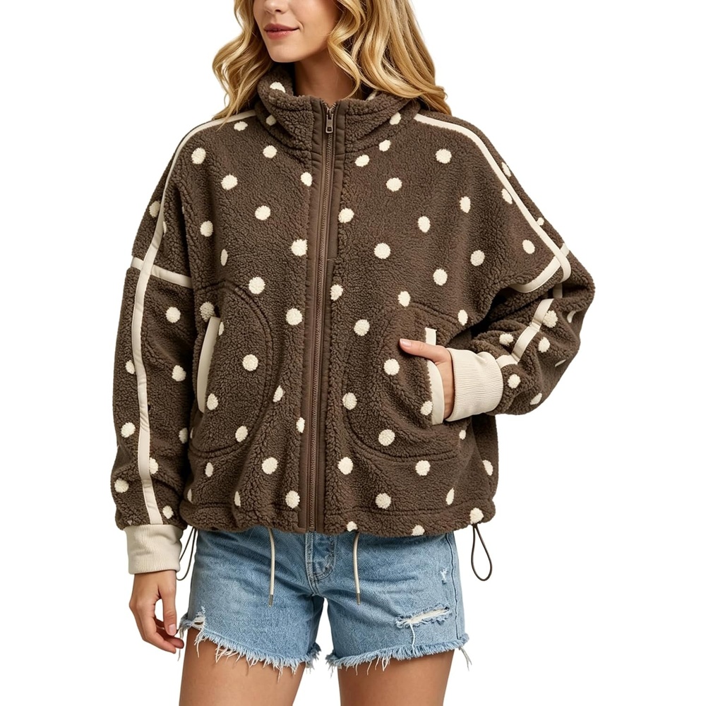image:imageSpringrain Womens Sherpa Fleece Jacket Polka Dot Zip Up CoatCoffee