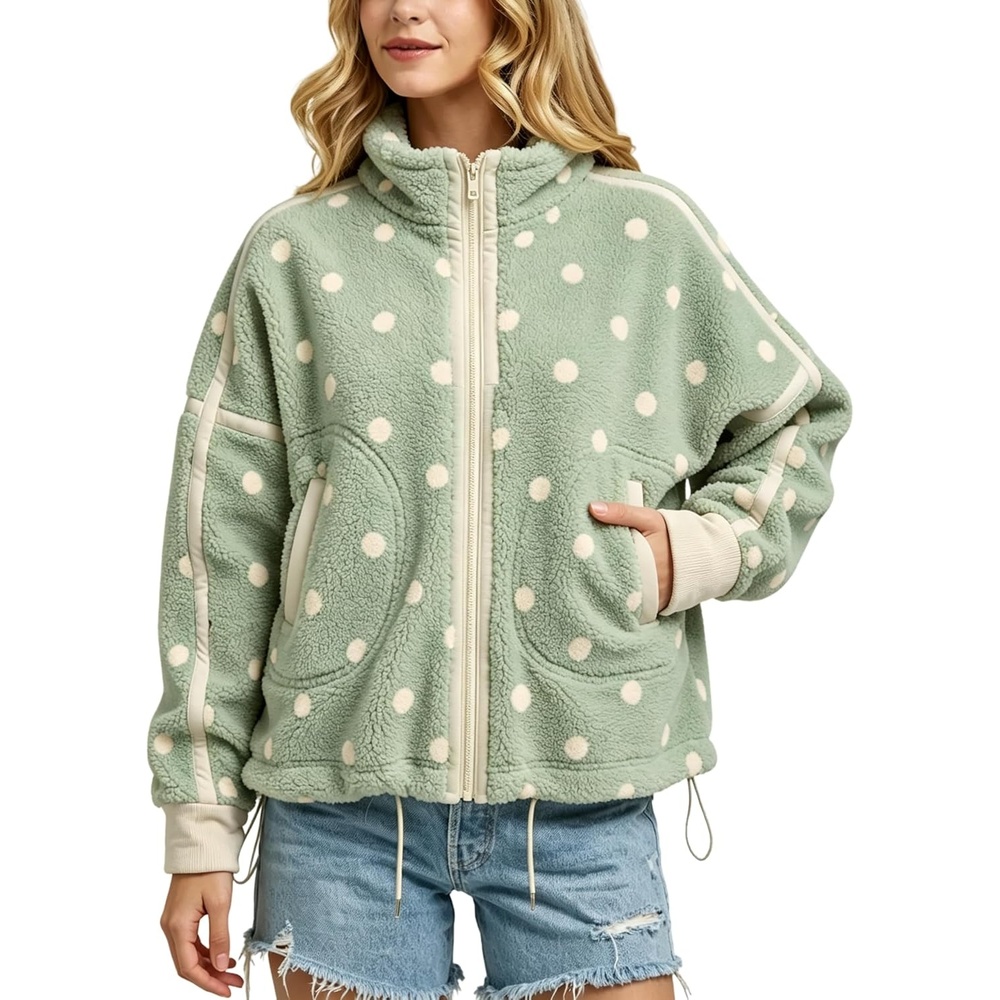 image:imageSpringrain Womens Sherpa Fleece Jacket Polka Dot Zip Up CoatGreen