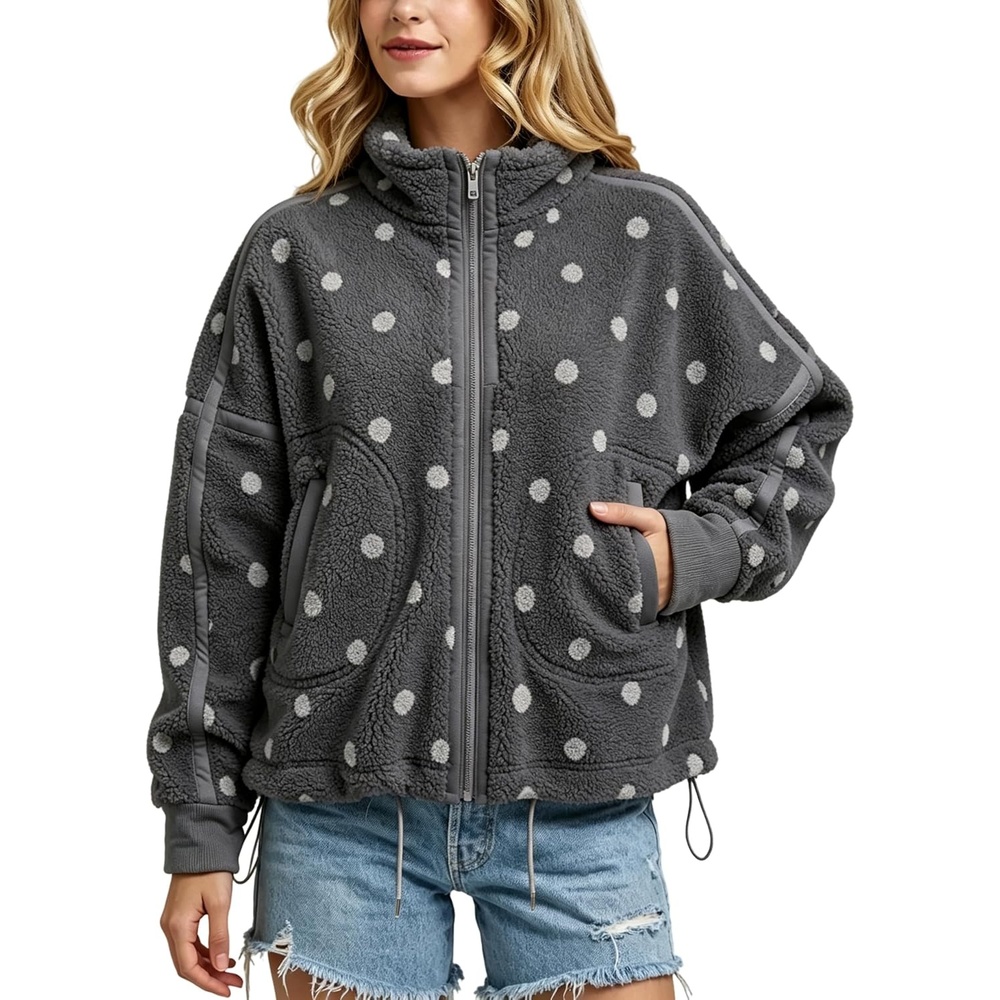image:imageSpringrain Womens Sherpa Fleece Jacket Polka Dot Zip Up CoatGrey