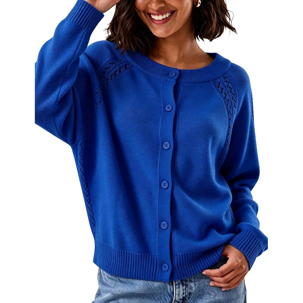 image:imageSpringrain Womens Solid Knit Cardigan Long Sleeve SweaterBlue