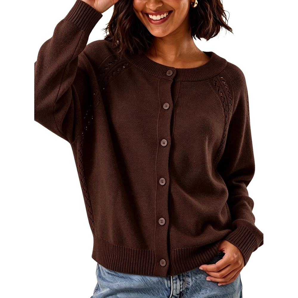 image:imageSpringrain Womens Solid Knit Cardigan Long Sleeve SweaterBrown