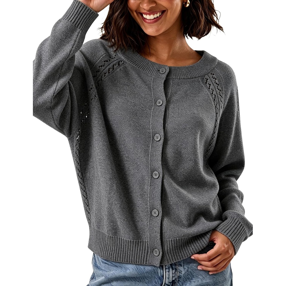 image:imageSpringrain Womens Solid Knit Cardigan Long Sleeve SweaterGrey
