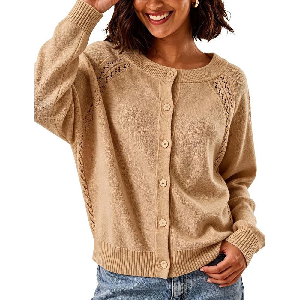 image:imageSpringrain Womens Solid Knit Cardigan Long Sleeve SweaterKhaki
