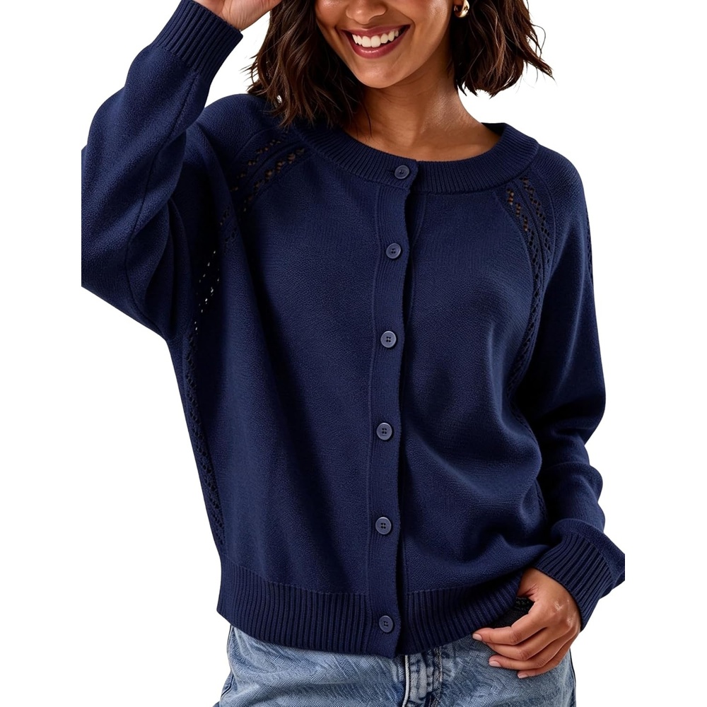 image:imageSpringrain Womens Solid Knit Cardigan Long Sleeve SweaterNavy