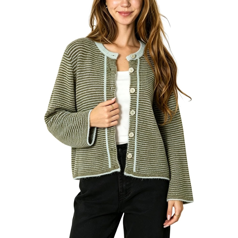 image:imageSpringrain Womens Striped Knit Cardigan Long Sleeve SweaterArmygreen