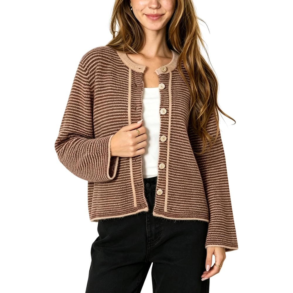 image:imageSpringrain Womens Striped Knit Cardigan Long Sleeve SweaterBrown