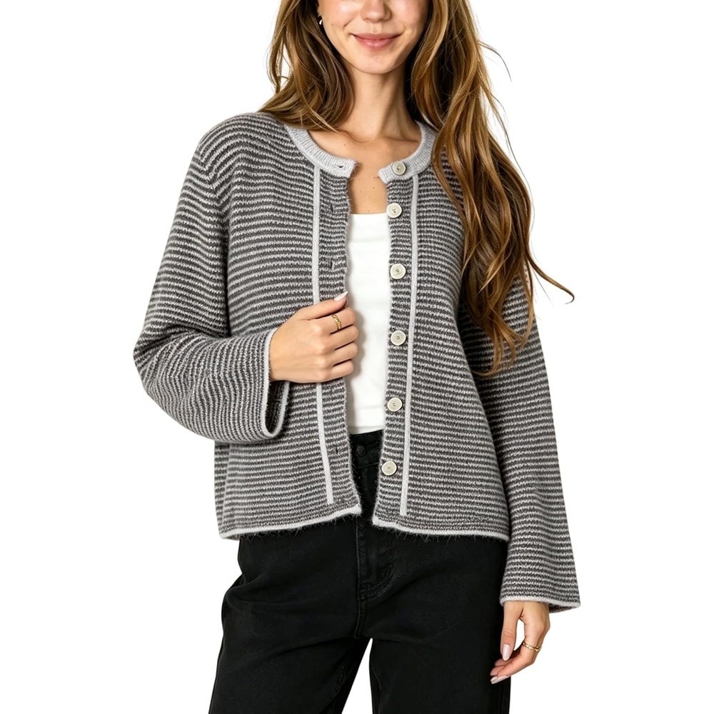 image:imageSpringrain Womens Striped Knit Cardigan Long Sleeve SweaterGrey