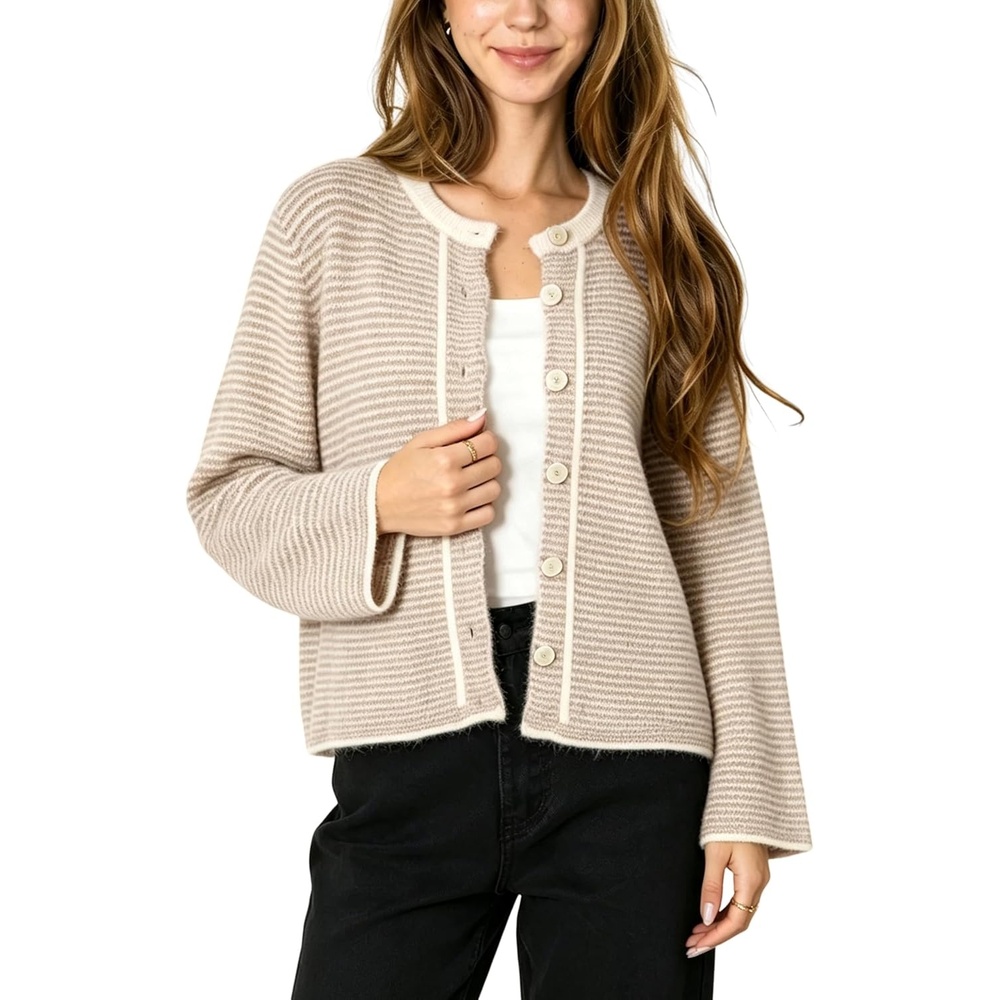 image:imageSpringrain Womens Striped Knit Cardigan Long Sleeve SweaterKhaki