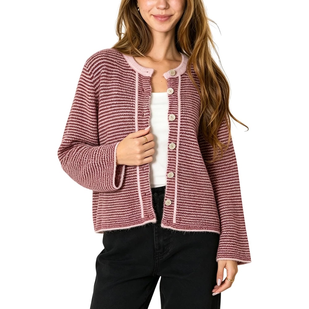 image:imageSpringrain Womens Striped Knit Cardigan Long Sleeve SweaterPink