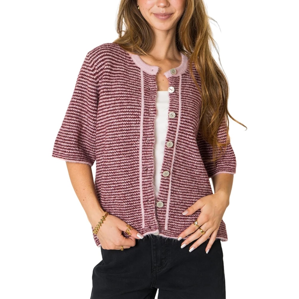 image:imageSpringrain Womens Striped Short Sleeve Knit Cardigan SweaterPink