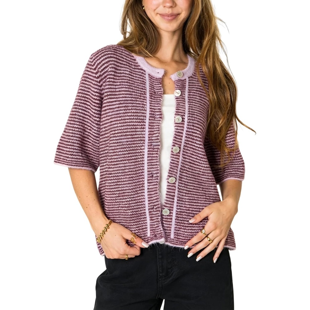 image:imageSpringrain Womens Striped Short Sleeve Knit Cardigan SweaterPurple