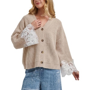 Springrain Women’s Fall V Neck Sweater Cardigan Lace Sleeve(Khaki)