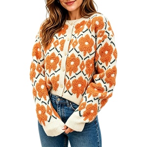 Springrain Women’s Floral Crewneck Knit Cardigan Sweater Fall(Orange)
