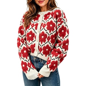 Springrain Women’s Floral Crewneck Knit Cardigan Sweater Fall(Red)