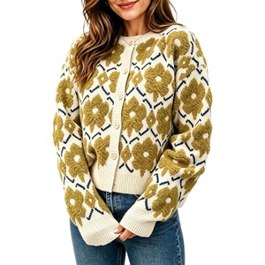 Springrain Women’s Floral Crewneck Knit Cardigan Sweater Fall(Yellow)