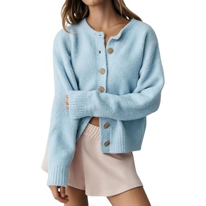 Springrain Women’s Fuzzy Cropped Knit Cardigan Button Sweaters(Blue)