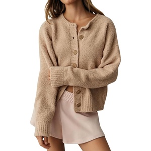 Springrain Women’s Fuzzy Cropped Knit Cardigan Button Sweaters(Khaki)