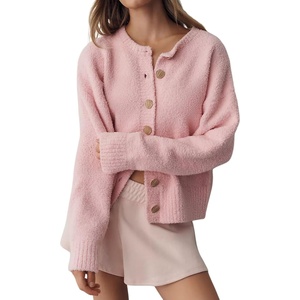 Springrain Women’s Fuzzy Cropped Knit Cardigan Button Sweaters(Pink)